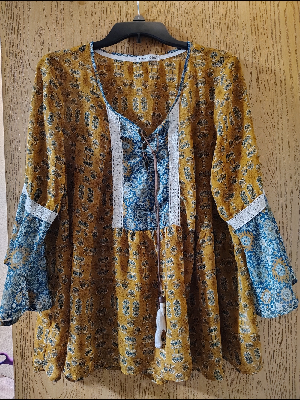 Maurices Mustard & Blue Mixed-Print Peasant Tunic